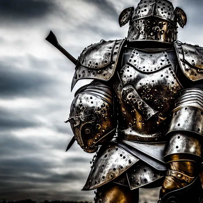 Image similar to photo of a warrior with metal bear themed armour, highly detailed, 4 k, hdr, smooth, sharp focus, high resolution, award - winning photo