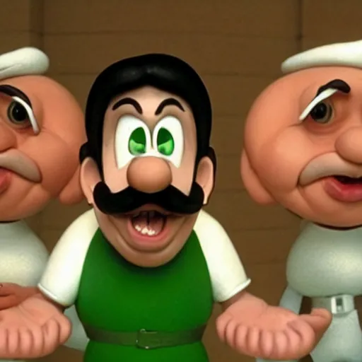 Image similar to beautifully rendered, masterpiece, caricature, claymation, luis guzman as luigi making absurd silly looking faces