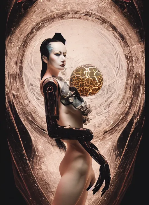 Image similar to portrait of a sensual futuristic geisha cyborg, latex, modern fine art, fractal, glowing calligraphy, intricate ornaments, elegant, highly detailed, digital photography, subsurface scattering, by jheronimus bosch and greg rutkowski,