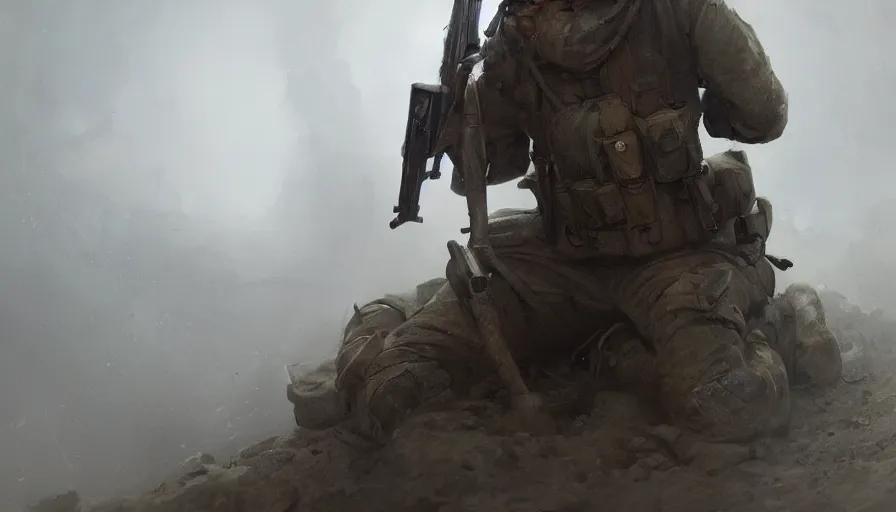 Image similar to beautiful digital painting of a lone survivor, one soldier after his squad killed in action in a trench waiting for the war to end. cinematic lighting and rendering, atmospheric, concept art, high detailed faces, artstation by artgerm and greg rutkowski,,