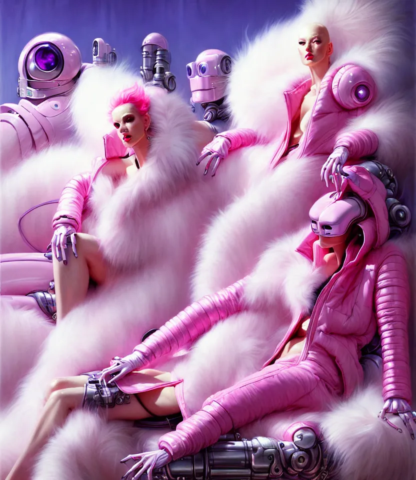 Image similar to beautiful fantasy character portrait, wearing pink puffy bomber jacket with white fur, seductive reclining pose, futuristic robots sitting, ultra realistic, dramatic lighting, robots, the fifth element artifacts, highly detailed by peter mohrbacher, hajime sorayama, wayne barlowe, boris vallejo, aaron horkey, gaston bussiere, craig mullins