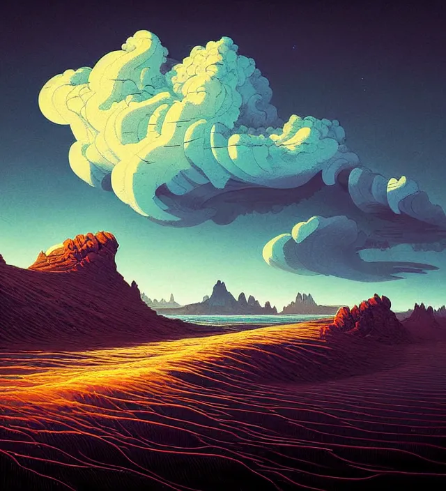 Prompt: a 🌊 swirling in the sky above a barren 🏜 by ivan shishkin and zacharias aagaard and simon stalenhag and dan mumford, chiaroscuro, hyper detailed, high saturation, retrowave, minimalism