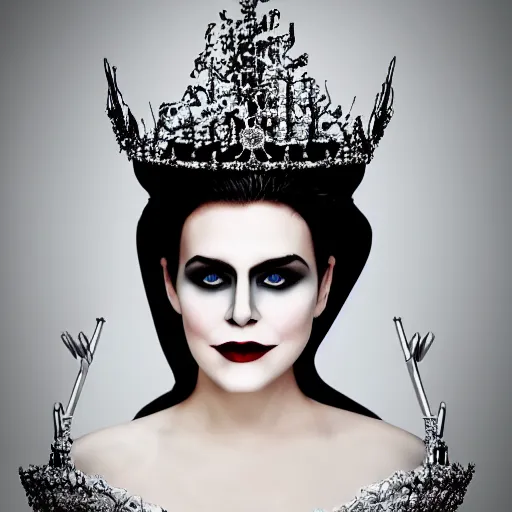 Image similar to beautiful evil queen, white face, cinematic portrait, crown jewels, throne