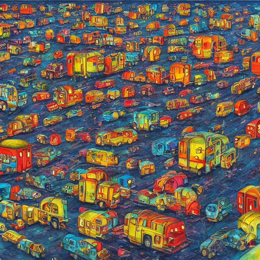 Prompt: a painting in the style of Jacek Yerka , a colourful caravan is traveling past a large factory at night