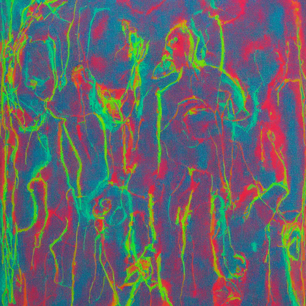 Image similar to two human figures anxiety, smiling, abstract, maya bloch artwork, ivan plusch artwork, cryptic, lines, stipple, dots, abstract, geometry, splotch, concrete, color tearing, uranium, acrylic, hints of color, pitch bending, faceless people, dark, ominous, eerie, minimal, points, technical, painting