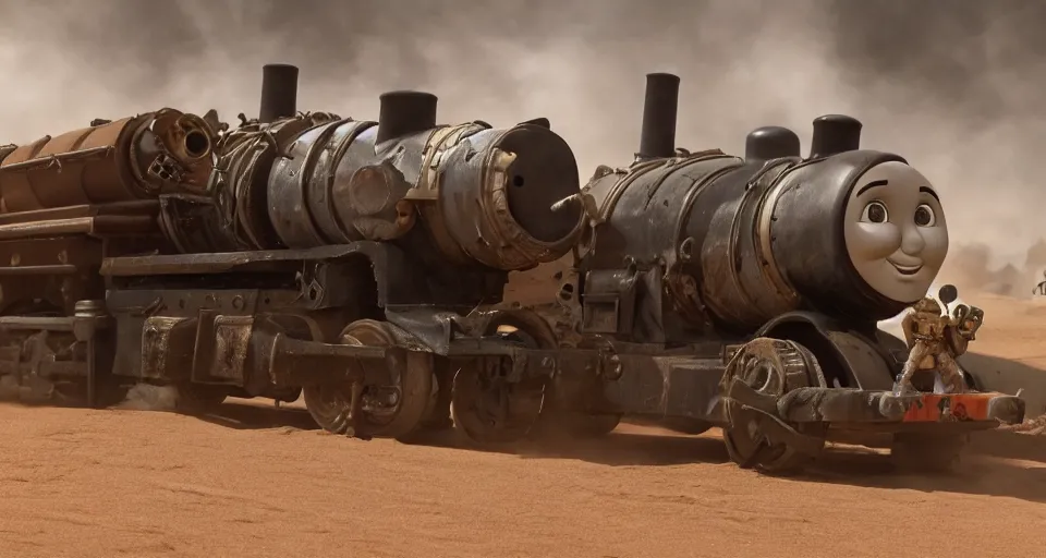 Prompt: armed Thomas the Tank Engine in MAD MAX: FURY ROAD