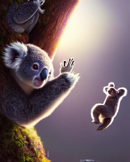 Prompt: movie still macro close photo of koala jumping from tree onto tourist, by weta disney pixar greg rutkowski wlop ilya kuvshinov rossdraws artgerm octane render iridescent, bright morning, liosh, mucha