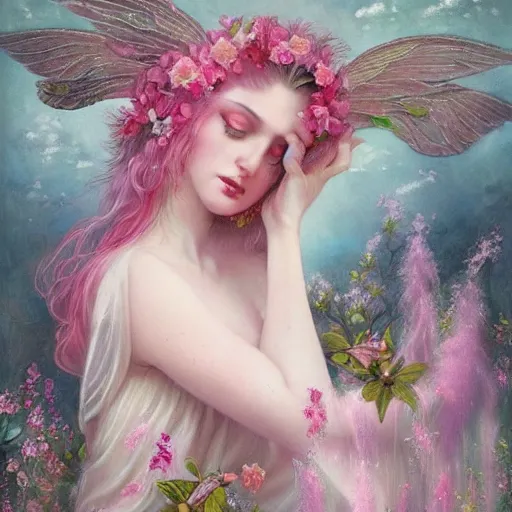 Prompt: a beautiful pink fairy with large wings and flowing hair exploring her lonely flower garden by herself in the style of tom bagshaw, extremely detailed, muted colors