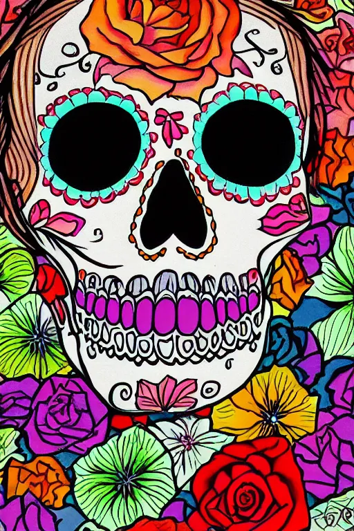 Prompt: Illustration of a sugar skull day of the dead girl, art by howard arkley