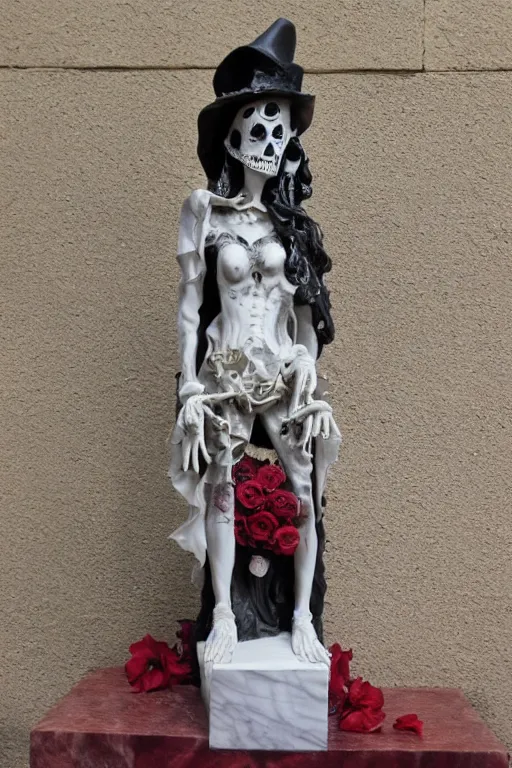 Prompt: full body of La catrina statue sculpted on white marble with blood stains by Bernini and kris kuksi