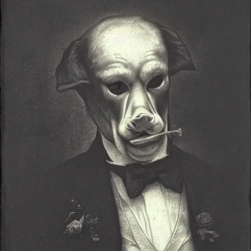 Image similar to a pig in a tuxedo, creepy atmosphere, dark, portrait, realistic portrait, close up, face, very realistic, illustration by Gustave Doré