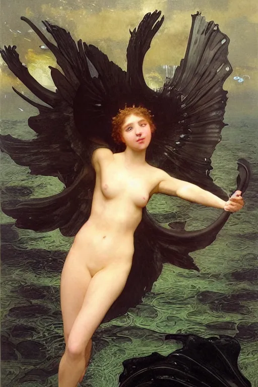 Image similar to hyperrealist highly detailed english medieval portrait of high fashion archangel swimming in black giant ferrofluid liquid ocean, Art by William Adolphe Bouguereau,, Art by William Adolphe Bouguereau,, by Annie Swynnerton and Tino Rodriguez and Maxfield Parrish, elaborately costumed, rich color, dramatic cinematic lighting, extremely detailed, radiating atomic neon corals, concept art pascal blanche dramatic studio lighting 8k wide angle shallow depth of field, Art by William Adolphe Bouguereau, extreme detailed and hyperrealistic