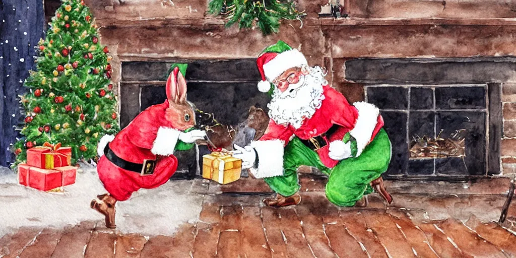 Prompt: a rabbit dressed as santa placing a package underneath a christmas tree inside a cozy living room, realistic watercolour