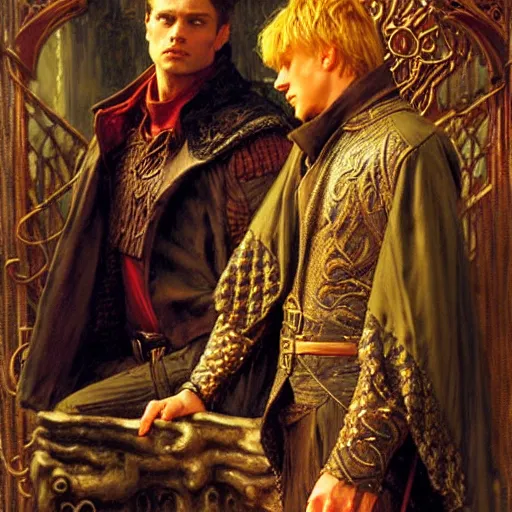 Image similar to handsome arthur pendragon in love with handsome merlin the mage. merlin is also in love with arthur. highly detailed painting by gaston bussiere, craig mullins, j. c. leyendecker