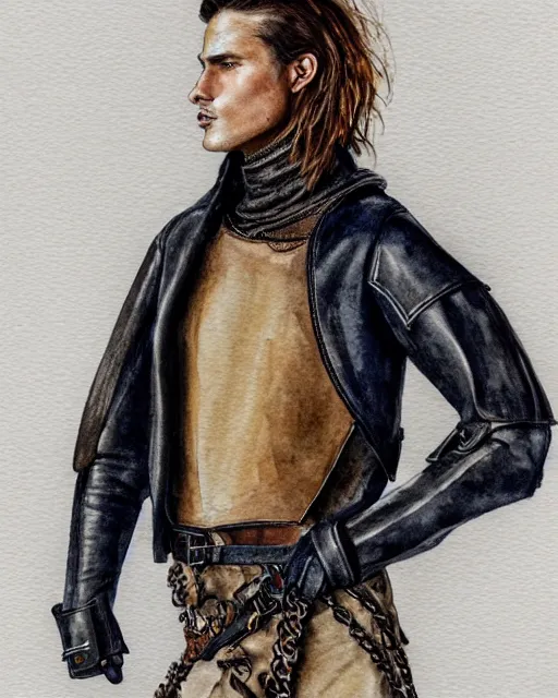 Prompt: watercolor sketch of a male model wearing a cropped baggy medieval menswear leather jacket by alexander mcqueen, 4 k, astonishing detail, studio lighting, wide angle lens