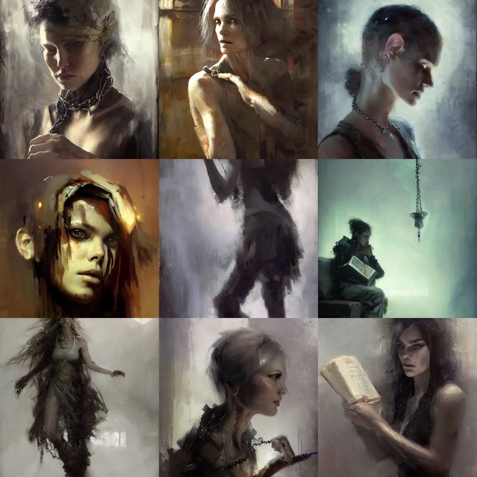 Prompt: beautiful portrait of destiny from sandman, old book chained to the wrist, by jeremy mann, by gerald brom, by cedric peyravernay, closed habit, mysterious atmosphere, high detailed, 8 k