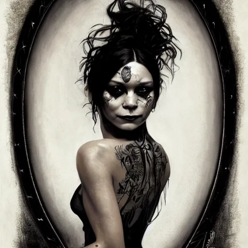 Image similar to beautiful portrait of vanessa hudgens as death from sandman, smiling, by cedric peyravernay, alphonse mucha, by jeremy mann, by lecouffe deharme, goth chic, soft lightning, eyeliner, punk rock, high detailed, 8 k