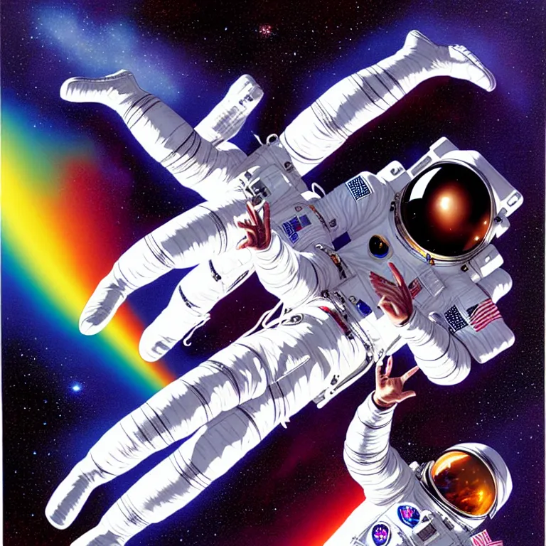 Prompt: astronaut at the rainbow bridge. paul gulacy. philip caza. artgerm.