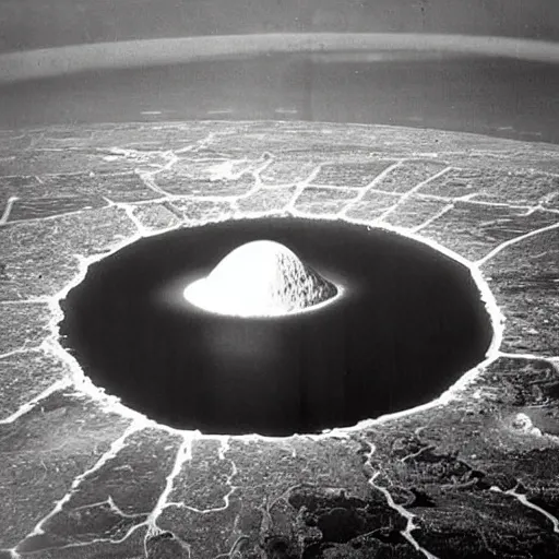 Image similar to a large nuclear crater in manhattan, there is smoking coming from the city, taken from a plane, realistic, taken on a ww 2 camera.