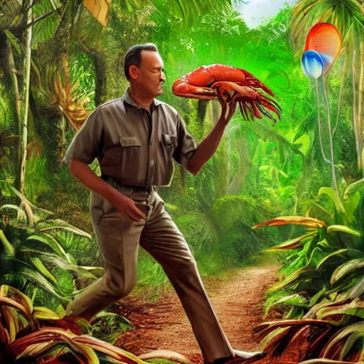 Image similar to Tom Hanks as forrest gump riding a giant shrimp in the jungle, realistic digital painting, photoreailstic, realistic face, amazing detail, sharp