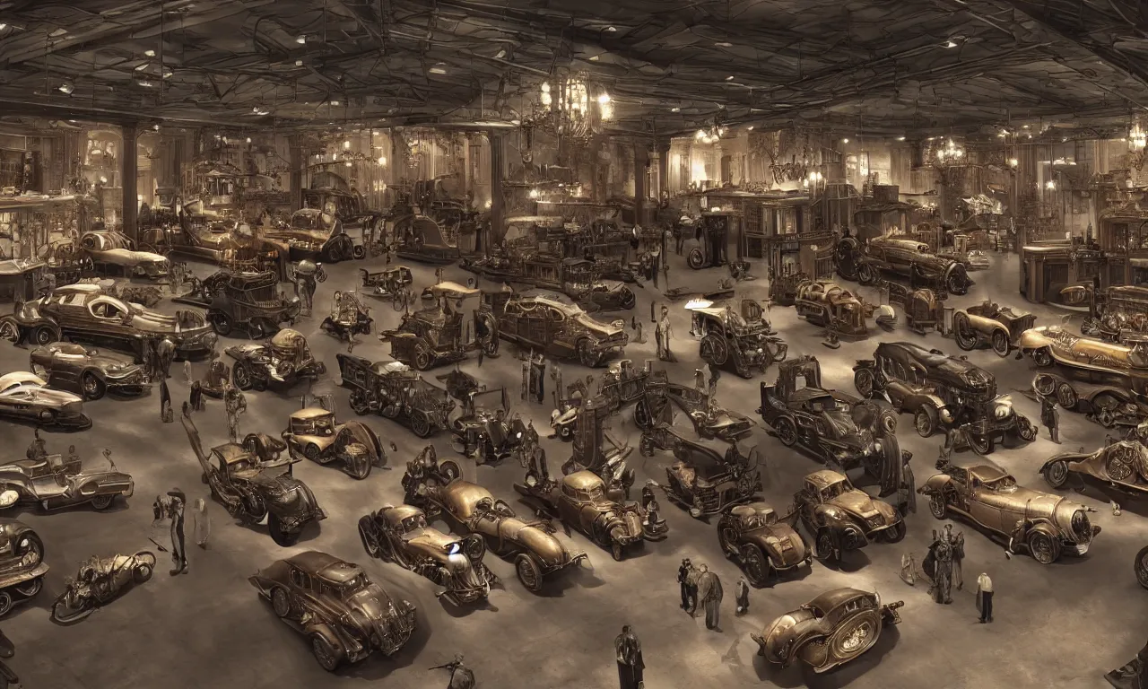 Image similar to exhibition hall of full of restomods cars, steampunk, high detail, shading unreal engine 5, from movie by digital domain and weta digital, strong ambient occlusion