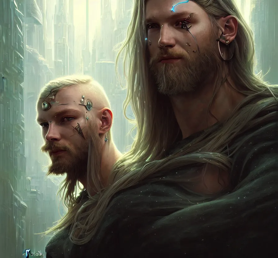 Image similar to cyberpunk viking with white hai, face, sci - fi, metal skin, constellation geometry,, forest background, elegant, highly detailed, digital painting, artstation, concept art, smooth, sharp focus, spiritual art, art by artgerm and greg rutkowski and alphonse mucha, psychedelic, illustration,