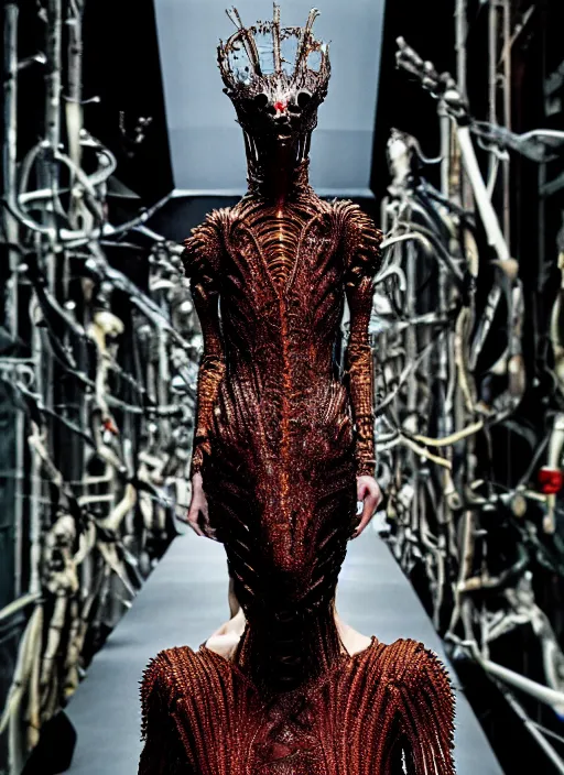 Image similar to walking down the catwalk, steven klein, show, stage, vogue photo, podium, fashion show photo, iris van herpen baroque dress, beautiful woman, perfect body, full body shot, helmet on face, masterpiece, guyver, giger, biomechanical details, denis villeneuve, movie still, fauvism, cinestill, bokeh