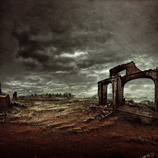 Prompt: a ruined and desolete landscape, painting, digital art, harsh lighting, dark, scary, grotesque