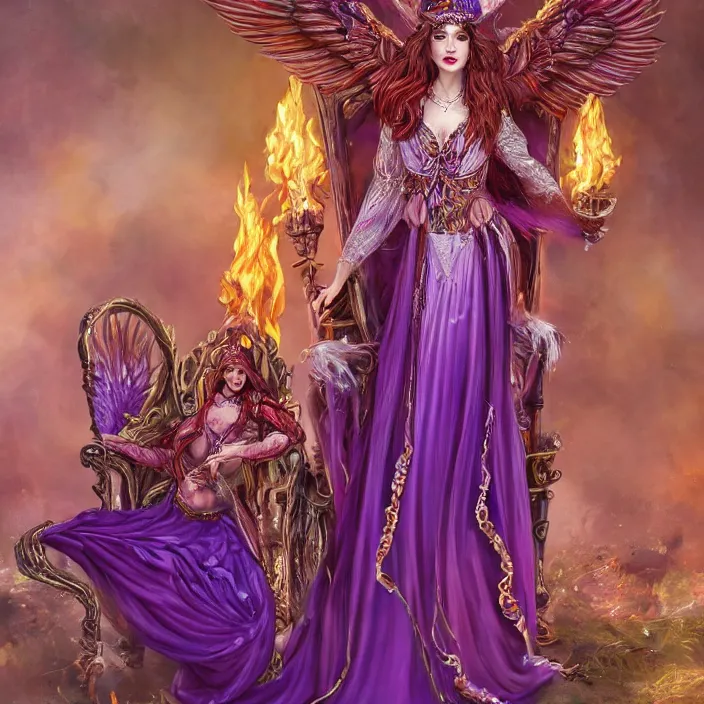 Image similar to Princess sorceress with red flaming bird wings on her back and sitting on an ornate throne dressed in a fancy long purple dress, beautiful realistic symmetrical defined face, Slight smile and open eyes, anatomically correct, Fantasy, Full Portrait, High detail, realistic, planeswalker