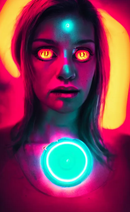 Image similar to A woman with glowing eyes, neon on black, dramatic, cinematic, Sony a7R IV, symmetric balance, polarizing filter, Photolab, Lightroom, 4K, Dolby Vision, Photography Award