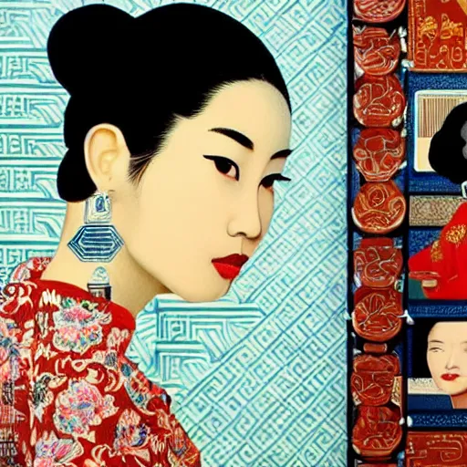 Prompt: young and beautiful Asian woman, close up shots , symmetrical face, with hands holding 2 Chinese Mahjong tiles, patterns facing to audience, painted by Kerry James Marshall and Vermeer, cinematic lighting of movies directed by Wong Kar Wei, Stanley Kubricks