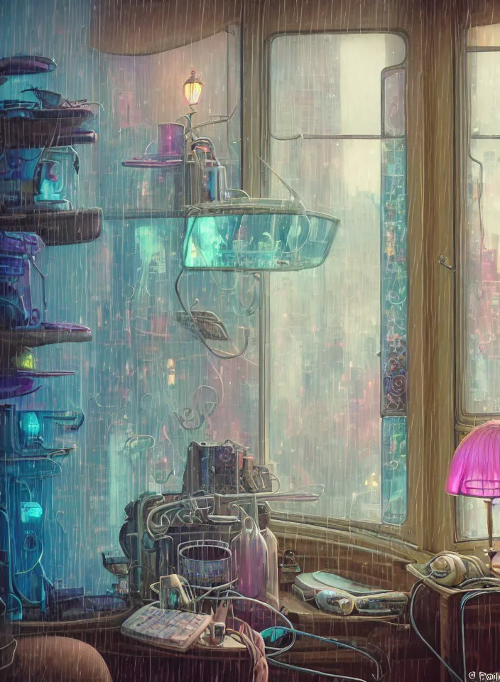 Image similar to telephoto 7 0 mm f / 2. 8 iso 2 0 0 photograph depicting the feeling of chrysalism in a cosy cluttered french sci - fi ( art nouveau ) cyberpunk apartment in a pastel dreamstate art style. ( computer screens, window ( rain ), sink, lamp ( ( fish tank ) ) ), ambient light.