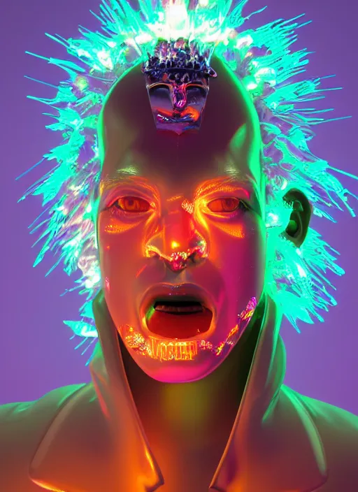 Image similar to photo of baroque and bladerunner delicate neon diamond sculpture of ceramic albino king diego barrueco seductive delicious lip licking, creamy orange iridescent humanoid deity wearing white fluffy hoody holding diamond skull in a black metallic dungeon, reclining, glowing rainbow face, crown of white diamonds, cinematic lighting, photorealistic, octane render 8 k depth of field 3 d