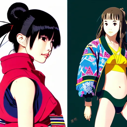 Prompt: a beautiful japanese natalie portman gravure model, wearing oversized native designer bomber jacket and leotard, bulky poofy bomber jacket with mesoamerican patterns, mesoamerican native street fashion, gapmoe yandere grimdark, trending on pixiv fanbox, painted by greg rutkowski makoto shinkai takashi takeuchi studio ghibli, akihiko yoshida