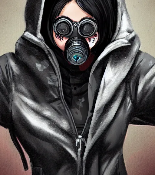 Image similar to a girl wearing a jacket, gas mask, punk outfit, highly detailed, digital painting, artstation, concept art, smooth, sharp focus, illustration