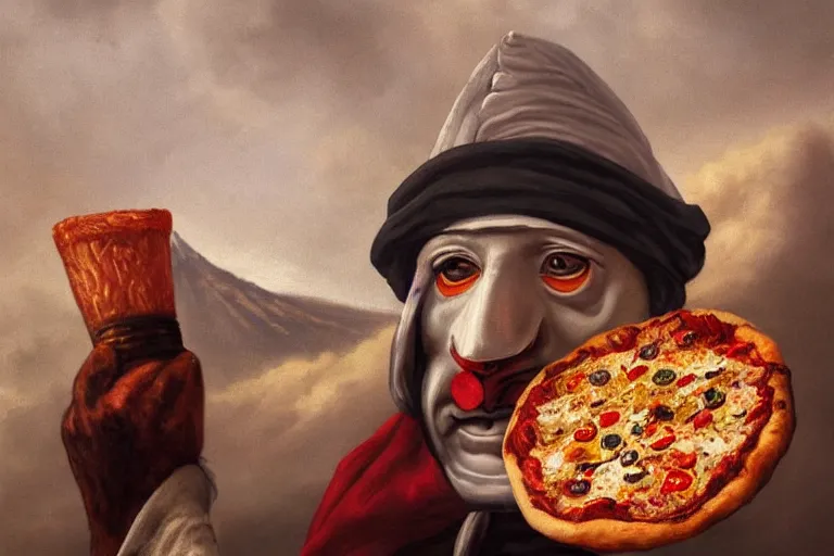 Prompt: a highly detailed portrait of pulcinella!!! from naples with a pizza!!, a burning volcano in the background, an ultrafine detailed painting by achille superbi, dark mood, trending on deviantart, whimsical, lowbrow, coherent, sharp focus, octane, masterpiece