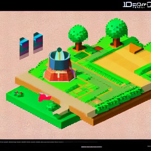 Image similar to isometric world of pokemon!! bird's eye view