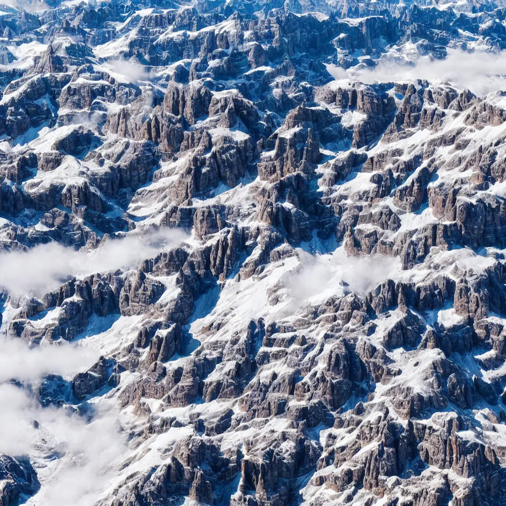 Image similar to 5 unique UFOs flying over swirling stylized dolomites, birds eye view