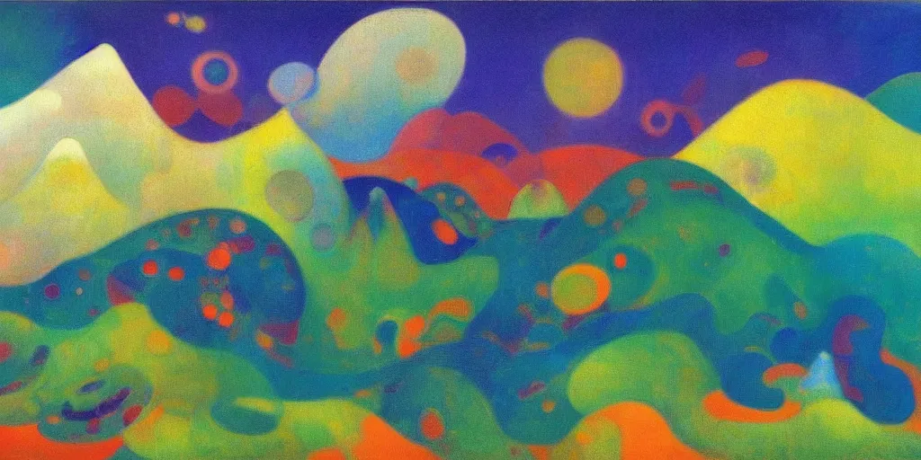 Prompt: An insane, modernist landscape painting. Wild energy patterns rippling in all directions. Curves, organic, zig-zags. Mountains, clouds. Rushing water. Waves. Psychedelic dream world. Odilon Redon. Agnes Pelton. Peter Max.