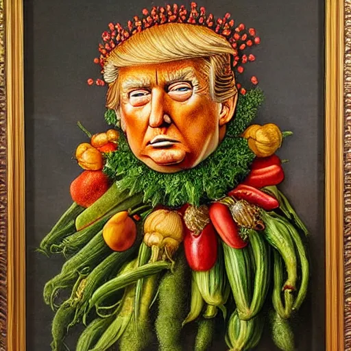 Image similar to highly detailed painting of donald trump made of vegetables, by giuseppe arcimboldo