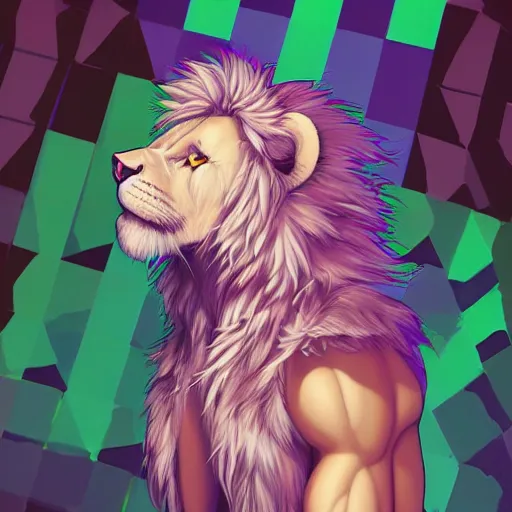 Image similar to aesthetic portrait commission of a albino male furry anthro lion wearing vaporwave chequered clothing at windows xp bliss wallpaper. Character design by charlie bowater, ross tran, artgerm, and makoto shinkai, detailed, inked, western comic book art, 2021 award winning painting