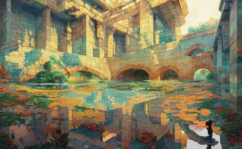 Image similar to tiled room squared waterway, aqueducts, fantasy. intricate, amazing composition, colorful watercolor, by ruan jia, by maxfield parrish, by marc simonetti, by hikari shimoda, by robert hubert, by zhang kechun, illustration, gloomy