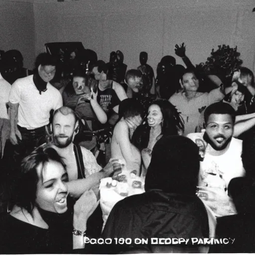 Image similar to photo of a small party with people partying in the early 1990's. 2pac can be seen in the background.