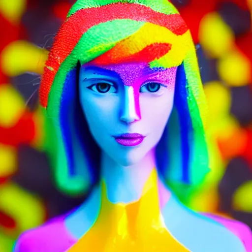 Image similar to a beautiful female made out of plastic, full body, colourful background, 5 0 mm lens, f 1. 4, sharp focus, ethereal, emotionally evoking, head in focus, volumetric lighting, 8 k