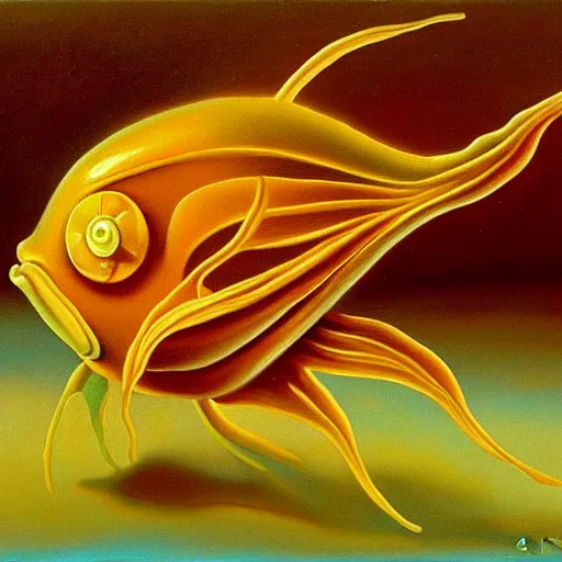 Image similar to oil painting of caramel cornstar fish by salvador dali, highly detailed, painted by someone who paints with their toes