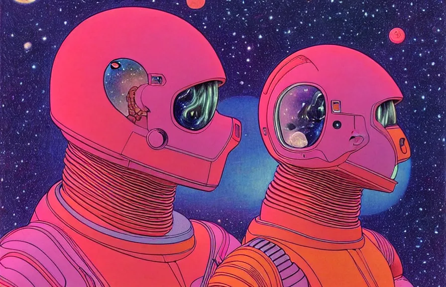 Prompt: ( ( ( ( a humanoid creature from another planet talking face to face an astronaut ) ) ) ) by mœbius!!!!!!!!!!!!!!!!!!!!!!!!!!!, overdetailed art, colorful, artistic record jacket design