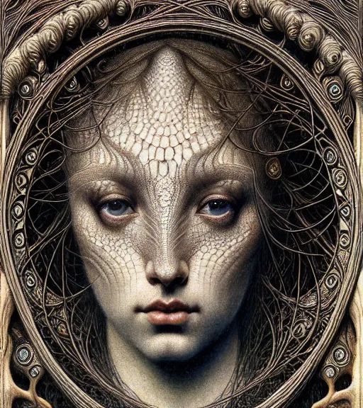 Image similar to detailed realistic beautiful drake goddess face portrait by jean delville, gustave dore, iris van herpen and marco mazzoni, art forms of nature by ernst haeckel, art nouveau, symbolist, visionary, gothic, neo - gothic, pre - raphaelite, fractal lace, intricate alien botanicals, ai biodiversity, surreality, hyperdetailed ultrasharp octane render