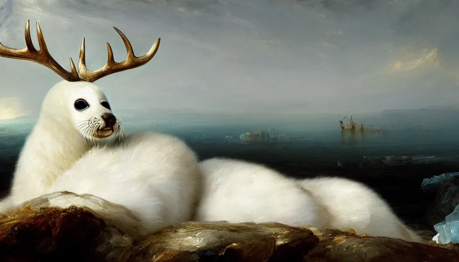 Image similar to highly detailed painting of cute furry white baby seal deer with big furry antlers cuddling into each other on a blue and white iceberg by william turner, by greg rutkowski, by william constable, thick brush strokes and visible paint layers, 4 k resolution