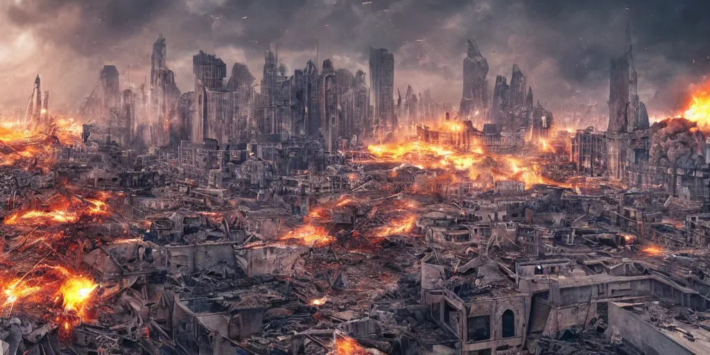 Image similar to City being destroyed by an earthquake splitting the ground into pieces while havoc is seen on the streets, realistic 4k octane beautifully detailed render, 4k post-processing, highly detailed, intricate complexity, epic composition, magical atmosphere, cinematic lighting, masterpiece, ultra hd