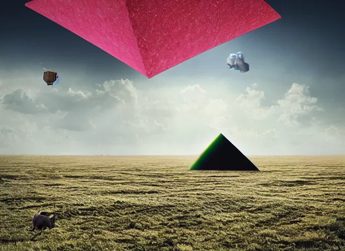 Prompt: Piano sheet music blows accross the sky. Enormous inflatable flying pig in the style of Pink Floyd Animals lp cover. A glass pyramid prism rendered in Unreal Engine by Storm Thorgerson, faded grey muted wash of distant pastel colors. Hyper-realistic, Cryengine, Raytracing.